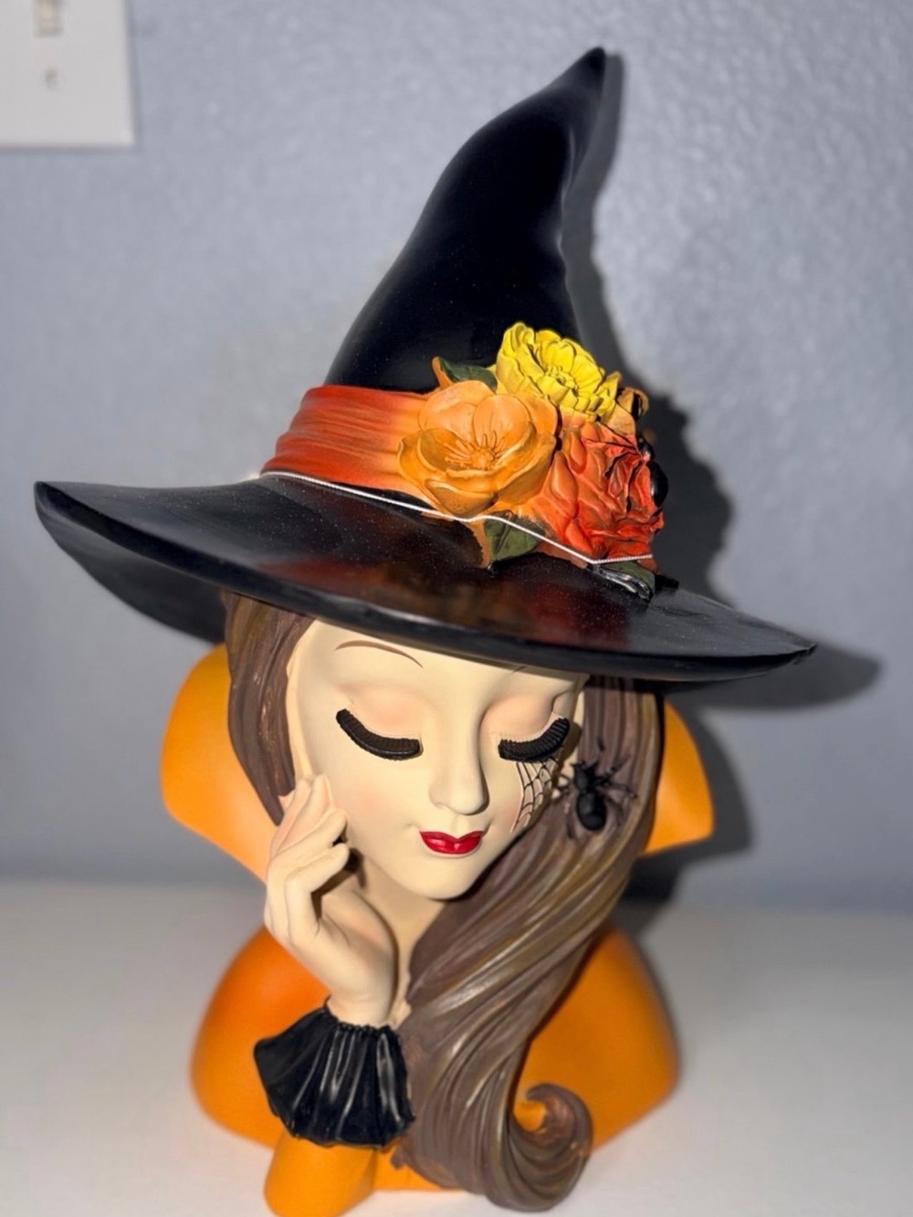 Bella Lux Halloween Witch Bust with Floral Hat and Spider Web - 17” Tall